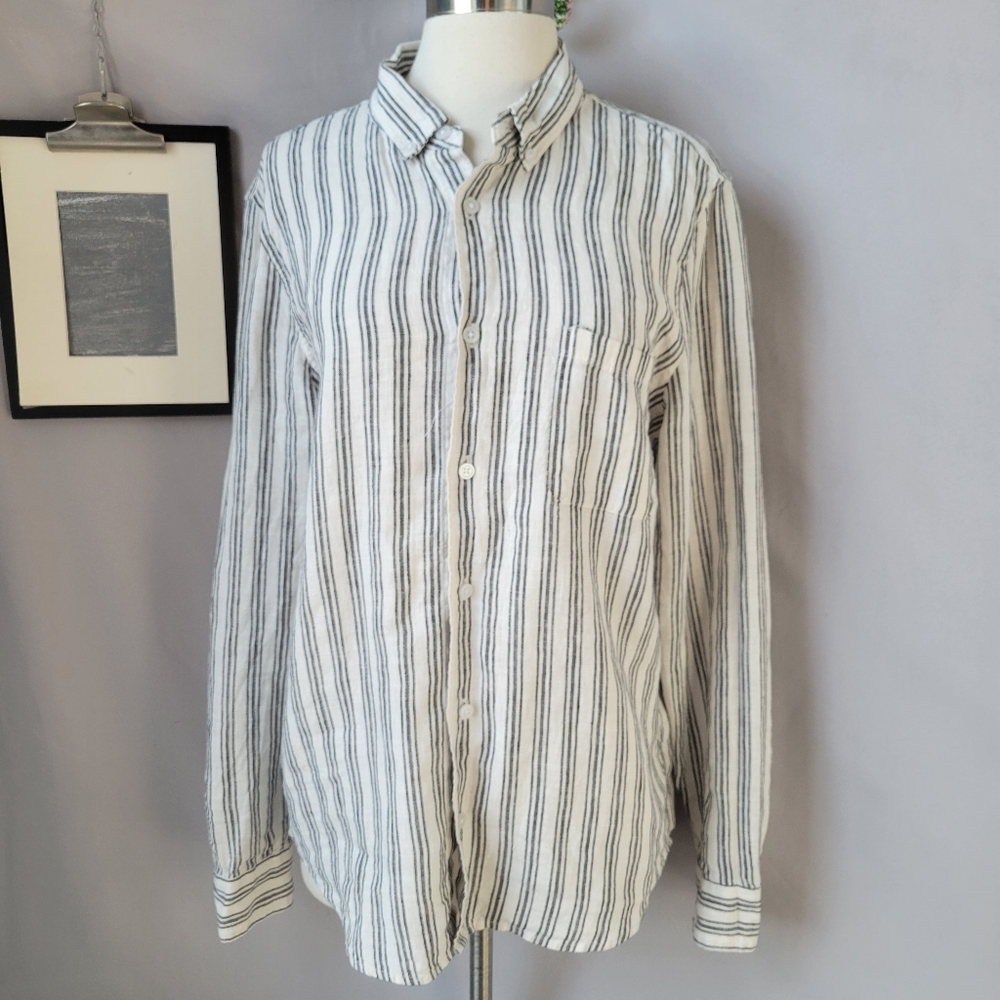 Everlane Classic Linen Stripe Button Down Shirt Gray White M